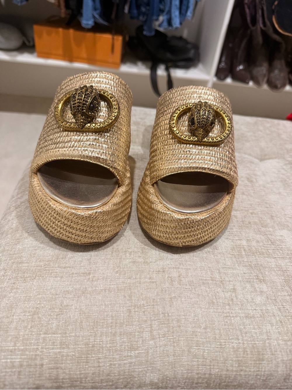 Kurt Geiger Natural Woven Platform Slides with Gold Emblem